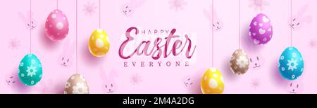 Happy easter vector background design. Easter happy text in empty space with hanging colorful eggs for greeting and invitation card. Stock Vector