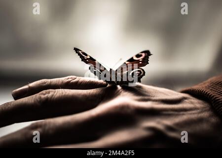 A Peacock butterfly standing on male hand with blur background Stock Photo