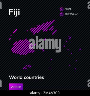 Fiji islands map. Vector creative digital neon flat line art abstract simple map with violet, purple, pink striped texture on black background. Educat Stock Vector