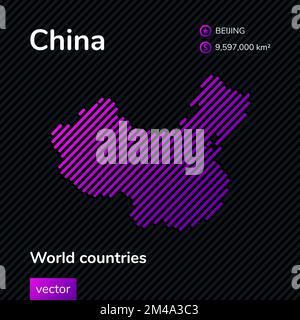 China map. Vector creative digital neon flat line art abstract simple map with violet, purple, pink striped texture on black background. Educational b Stock Vector