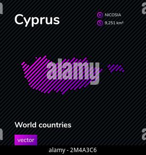 Vector striped Map of Cyprus in violet colors on a black background. Flat style. Educational banner, poster about Cyprus Stock Vector