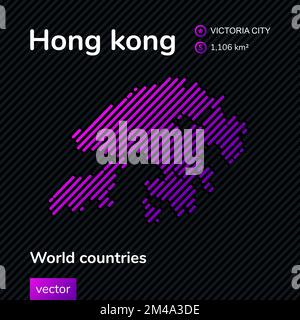 Vector flat map of Hong Kong with violet, purple, pink striped texture on black background. Educational banner, poster about Hong Kong Stock Vector