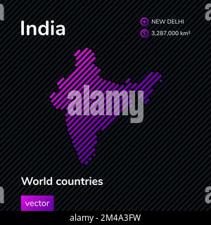 Vector flat map of India with violet, purple, pink striped texture on black background. Educational banner, poster about India Stock Vector