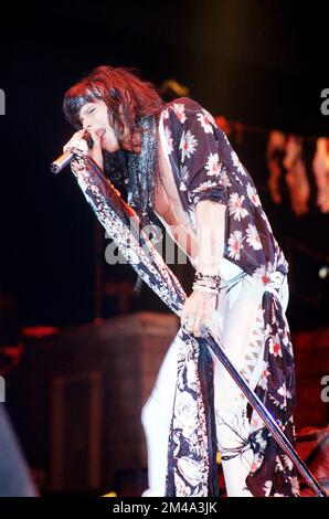 Steven Tyler of Aerosmith performing in 1990 in San Francisco, California Credit: Ross Pelton/MediaPunch Stock Photo