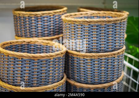 Collection of blue handmade rattan baskets. Handmade wicker basket Made from natural bamboo and rattan.Handmade handicrafts. Nobody Stock Photo