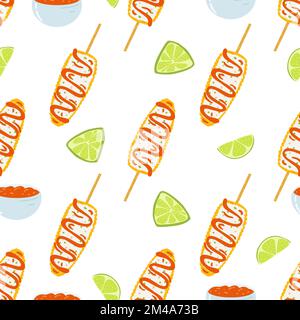 Seamless pattern with elote dish. Traditional Mexican food, folk cuisine. Vector background with grilled corn Stock Vector