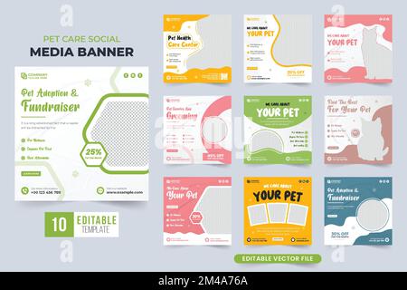 Pet care center social media template set vector with pink and green colors. Animal veterinary advertising web banner bundle with abstract shapes. Pet Stock Vector