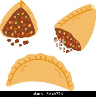 Empanadas in cartoon flat style. Hand drawn vector illustration of traditional Latino America food, folk cuisine Stock Vector