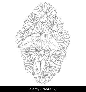 sunflower zen doodle art drawing of vector design with blooming petal adult coloring book page Stock Vector