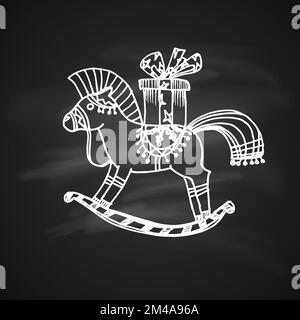 Chalk Drawing Illustration for Merry Christmas and Happy New Year Print Design. Rocking Horse with Gift Stock Vector