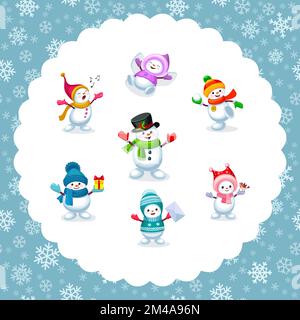 Cute cartoon snowman set in snowflake frame. Winter holidays theme element collection. Vector illustration Stock Vector