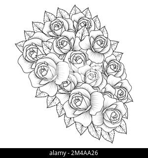 rose flower coloring page dot line art with doodle style adult coloring book illustration Stock Vector