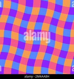 Groovy psychedelic wavy chessboard seamless pattern. Hippie twisted gingham checkerboard background. Checker retro psychedelic seamless texture Stock Vector