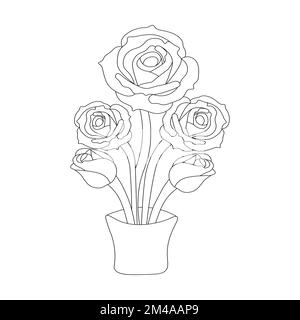 rose flower vase of coloring page element with graphic illustration pencil line art design Stock Vector