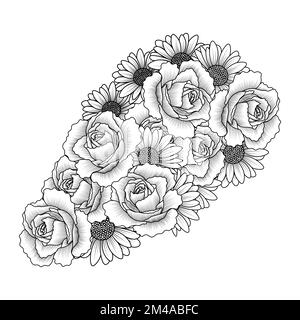 daisy flower and rose flower adult coloring book page design of vector clip art Stock Vector