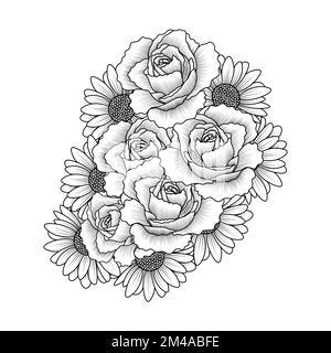 daisy flower and rose flower adult coloring book page design of vector clip art Stock Vector