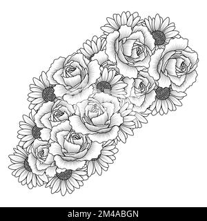 daisy flower and rose flower adult coloring book page design of vector clip art Stock Vector
