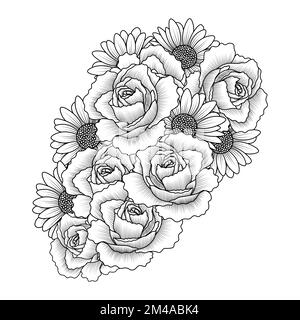 daisy flower and rose flower adult coloring book page design of vector clip art Stock Vector