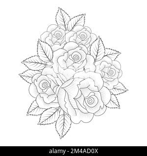 adult coloring book page of pink rose illustration with leaves and pencil sketch drawing Stock Vector