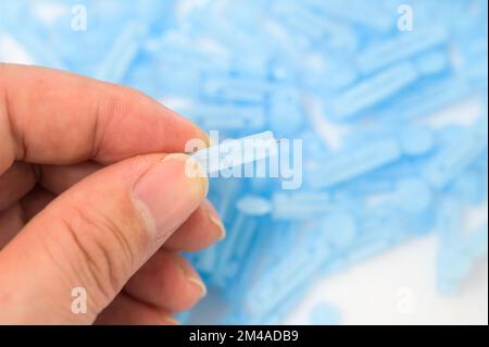 Lancets for pen on white background. Diabetes concept Stock Photo