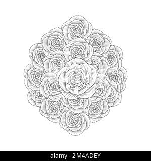red roses flower coloring page line sketch drawing with decorative anti stress illustration Stock Vector