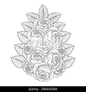 red roses flower coloring page line sketch drawing with decorative anti stress illustration Stock Vector