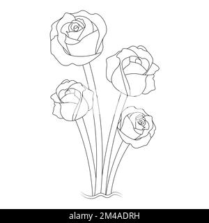 red roses flower coloring page line sketch drawing with decorative anti stress illustration Stock Vector