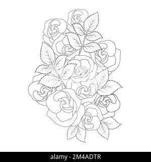 rose flower coloring page dot line art with doodle style adult coloring book illustration Stock Vector