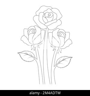 red roses flower coloring page line sketch drawing with decorative anti stress illustration Stock Vector