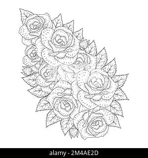 rose flower coloring page dot line art with doodle style adult coloring book illustration Stock Vector