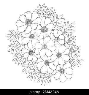 garden cosmos flower illustration coloring page with blooming petal line art design Stock Vector