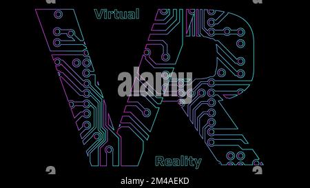Colorful contours of letters VR abbreviation for Virtual Reality perforated with PCB circuit board tracks isolated on black. Concept for logo, banners Stock Vector