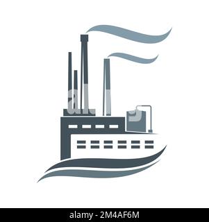 Industry factory, plant building icon. Environment and air pollution, chemical production or oil refinery graphic symbol, monochrome sign of industry manufacture plant or factory with smoking pipes Stock Vector