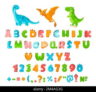 Cartoon dinosaur jurassic font, type or typeface. Dino alphabet letters. Vector letters, numbers and signs of prehistoric dinosaur animals. Funny comic colorful characters set with paws and talons Stock Vector