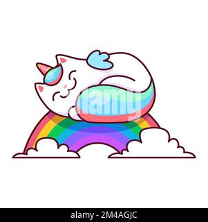 Cartoon cute caticorn character. Vector kawaii unicorn cat sleep on rainbow with white clouds. Funny magic kitty personage with colorful tail, and horn. Happy kitten, fantasy animal Stock Vector