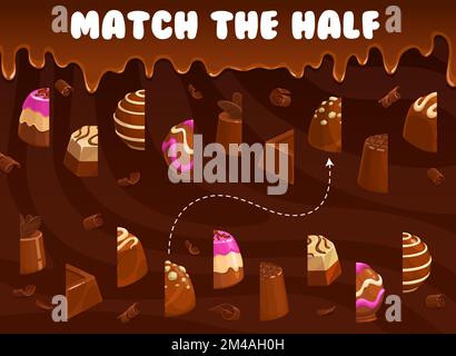 Chocolate coconut, praline and fudge, souffle, truffle and jelly, hazelnut candy and bonbon confectionery match a half of candy. Vector game worksheet with cartoon pieces of choco sweet desserts Stock Vector