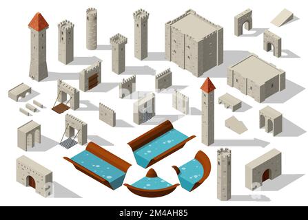 Isometric castle tower with wall bridge and moat, vector fortress building. Medieval fort constructor or ancient castle and citadel palace architecture elements of fortification wall, tower and gates Stock Vector