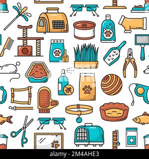 Cat and kitten pet care vector seamless pattern of grooming, veterinary health, food and toys. Pet shop animal supplies background of outline feeding bowl, collar, bed and house, ball, carrier, brush Stock Vector