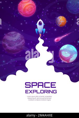 Landing page space, cartoon space rocket launch. Vector poster galaxy exploring themed with shuttle flying up among planets, asteroids and stars. Universe exploration, cosmic travel, astronomy science Stock Vector