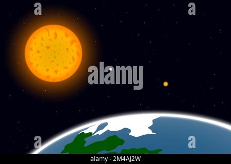 View of Earth and Sun from outer space. Vector illustration. Stock Vector
