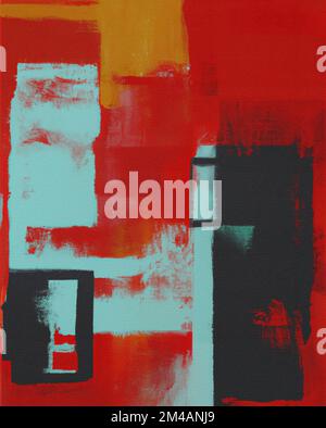 Painting with red white black and yellow geometric pattern made with acrylic paints as abstract background Stock Photo
