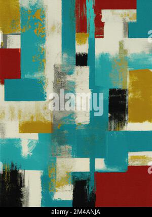 Painting with red white black and yellow geometric pattern made with acrylic paints as abstract background Stock Photo