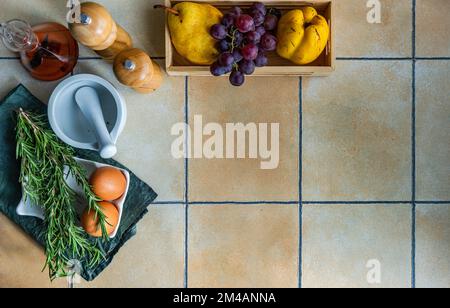 From above baking concept with ingredients for pancakes cooking on the tiles table Stock Photo