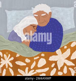 Vector picture of enamored senior man and woman with white hair smiling with closed eyes while embracing each other lying under warm blanket in bed Stock Photo