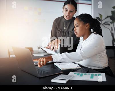 Business women, laptop and web design collaboration in office for teamwork, coaching or website marketing. Training support, planning ux creative Stock Photo
