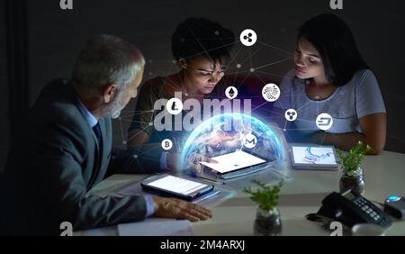 Business people, tablet and cryptocurrency economy, stock market hologram or global forex data in dark office. Diversity workers trading on digital Stock Photo
