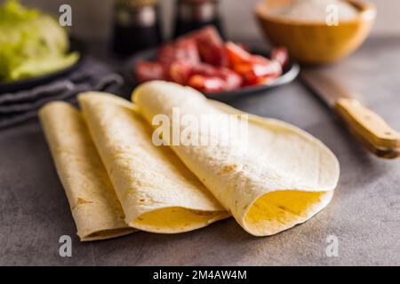 Mexican Corn Tortillas on the kitchen table. Stock Photo