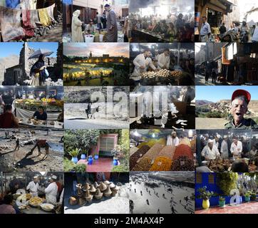 A composite of Morocco images from the Atlas Mountains, Marrakech market square, night time food and cooking stalls, blue vases, cooking pots, stalls in narrow streets, character face study of a roadside salesman,  night time general view with the mosque in silhouette, traditional dress, cooking using the tagine conical earthenware pot and tagines for sale, roadside with a camel eating and two riders on a donkey, a woman using an umbrella to shade her from the hot sun. Stock Photo