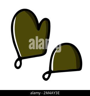 Doodle kitchen potholder. Green oven-glove isolated on white background. Home cooking clothes. Retro culinary style things. Cute vintage look. Hand-dr Stock Vector