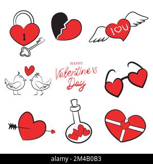 set of happy valentines day elements, love lock, birds, flying and broken hearts, gift, sun glasses and bottle Stock Vector